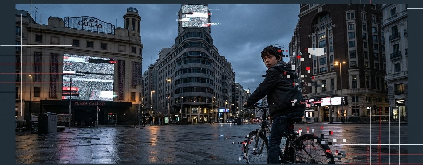 Plaza de Callao en Madrid durante la escena del glitch del piloto