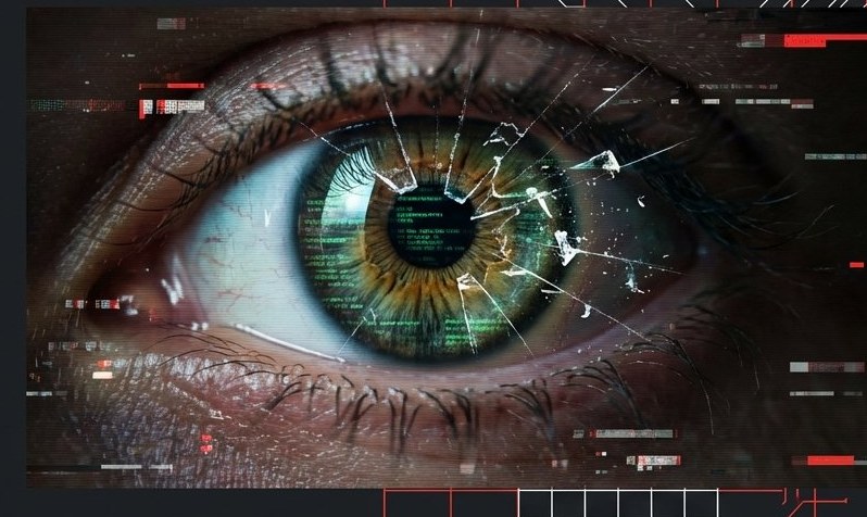 Ojo agrietado reflejando código como metáfora de la verdad editada