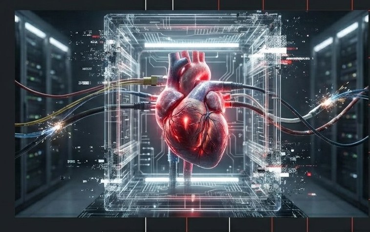 Núcleo de inteligencia artificial con forma de corazón conectado a una máquina