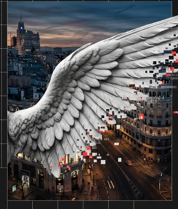 Ala angelical desintegrándose en glitch sobre Madrid, imagen principal de ORFEO 404