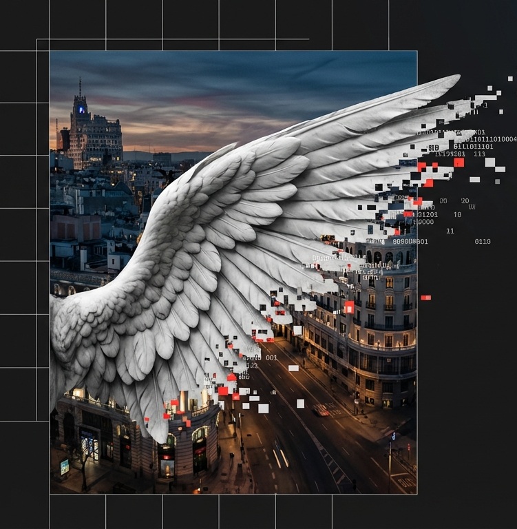 Ala angelical sobre Madrid con efecto glitch digital, imagen promocional de la serie ORFEO 404